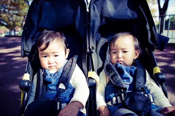 Gêmeos no carrinho de bebê para gêmeos