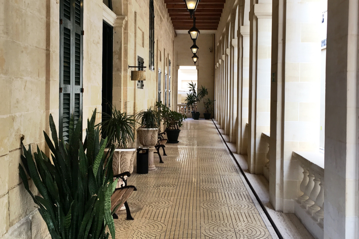 Corredor estreito em mansão de estilo clássico, decorada com vários vasos de plantas.