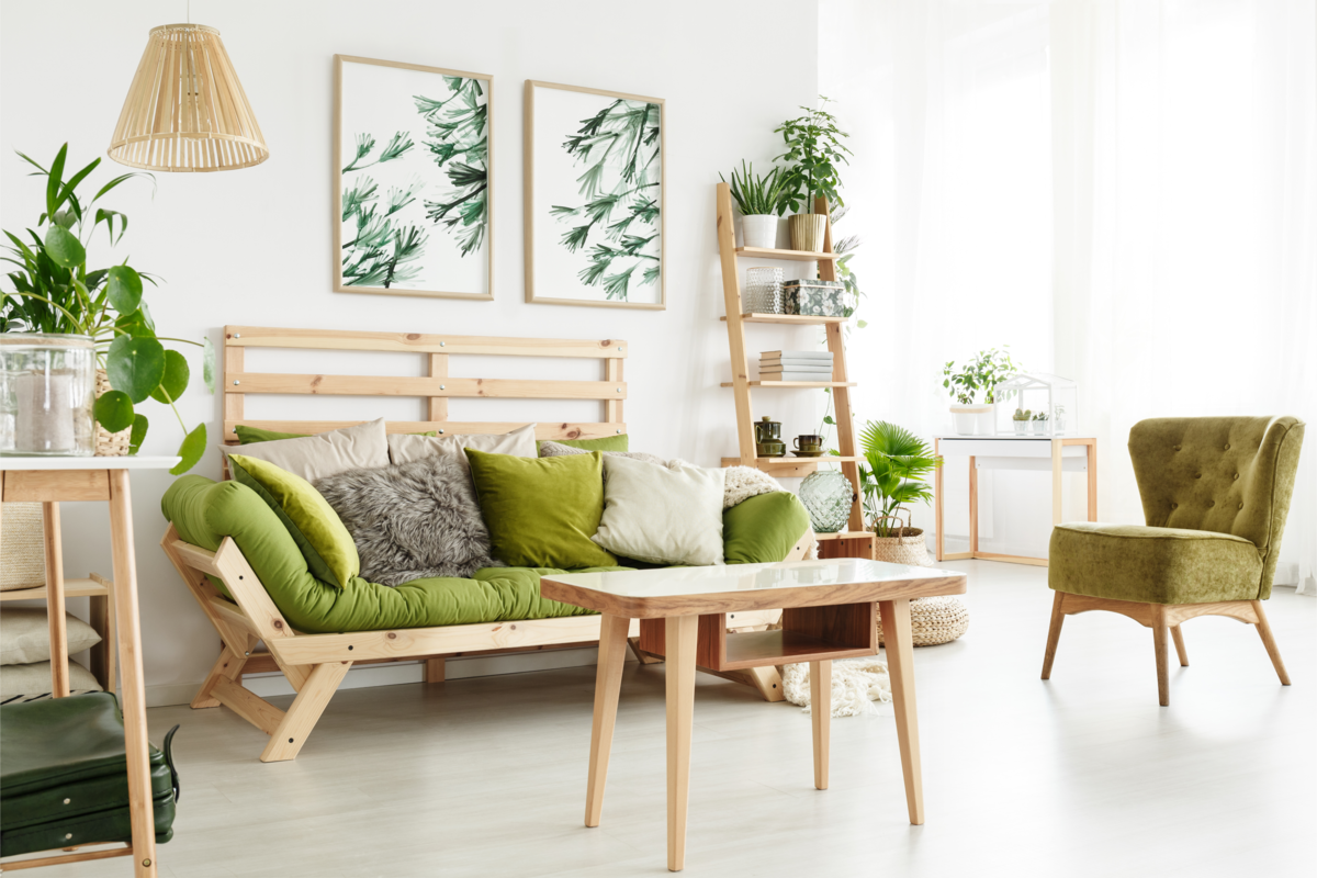 Decoração com plantas na sala de estar e móveis verdes