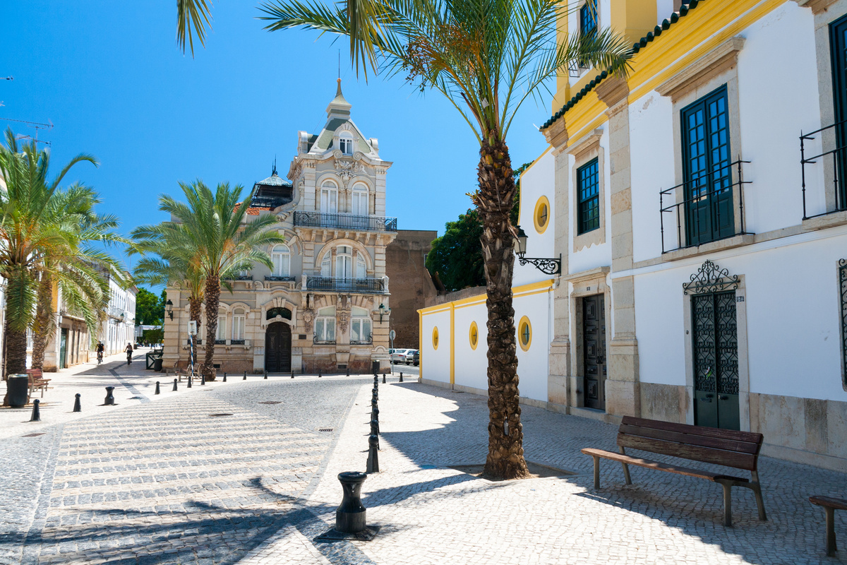 Rua com casas antigas e palmeiras em Faro, Portugal
