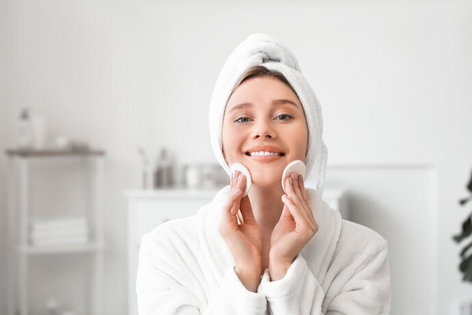 Mulher removendo maquiagem no banheiro