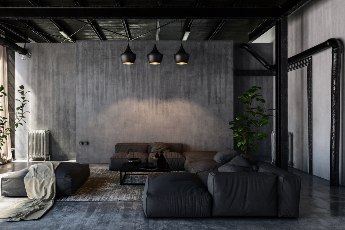 Sala espaçosa com paredes cinza, luminárias pretas e grande sofá preto