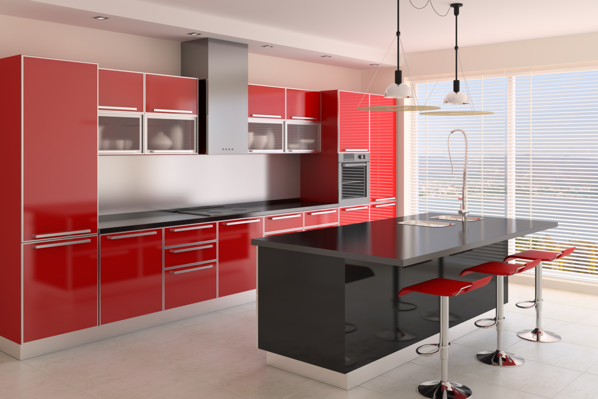 Cozinha moderna com armários vermelhos.