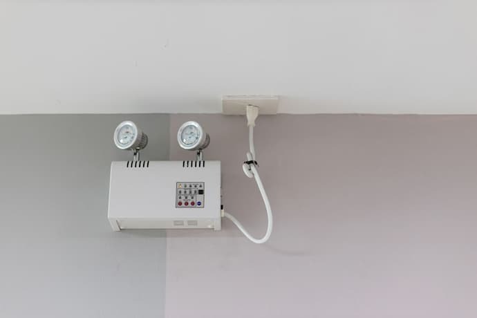 A imagem mostra um gerador de energia com dois refletores conectados ao teto