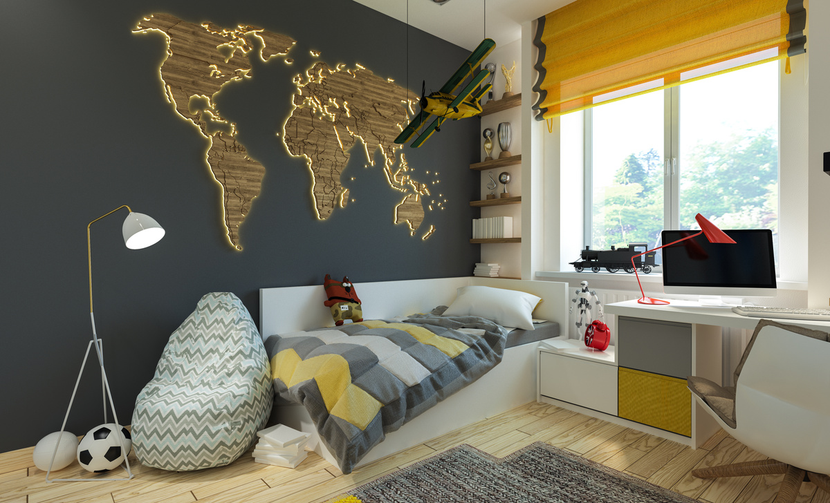 Papel de parede de mapa mundi texturizado em quarto infantil
