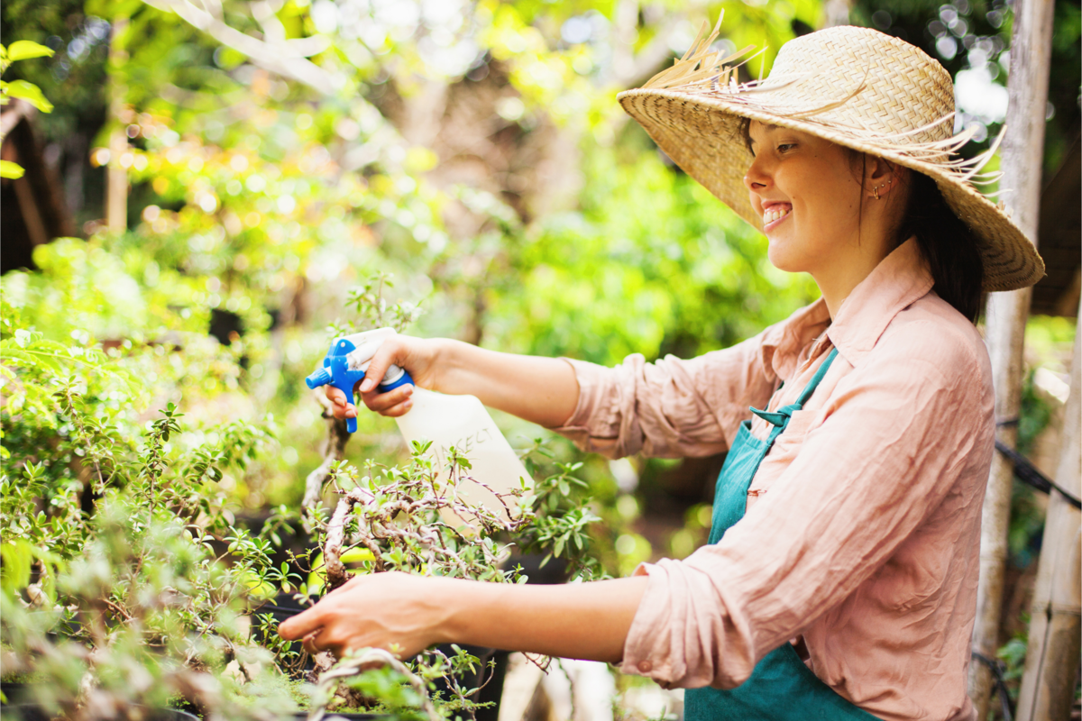 Mulher de chapéu de palha, cuidando das plantas com um borrifador.
