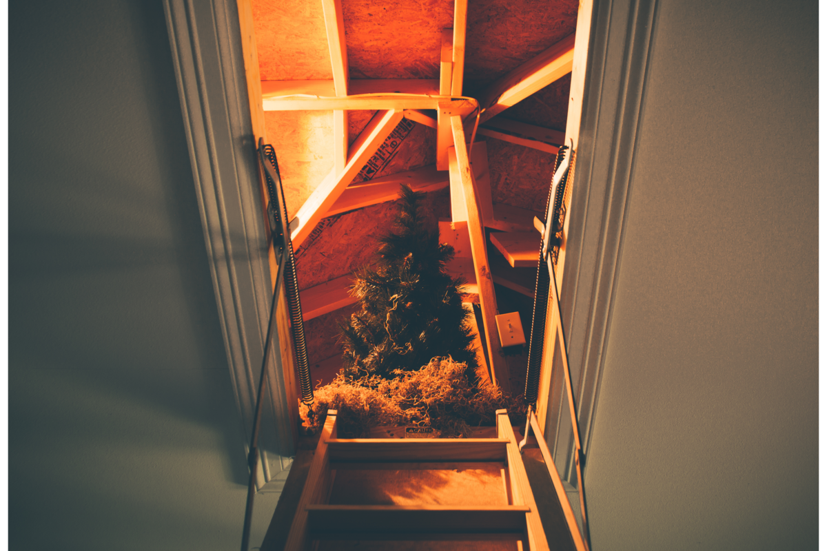 Uma escada que leva para o sótão e uma planta 