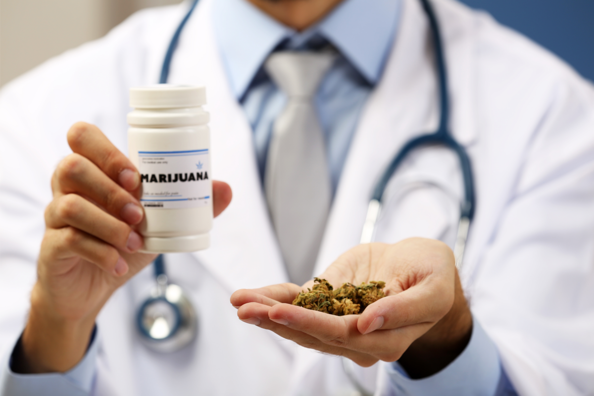 Médico segurando Cannabis medicinal seco e um frasco de remédio.