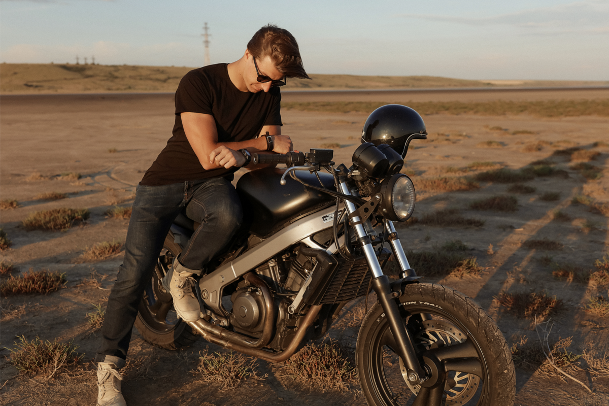Um motoqueiro com uma moto