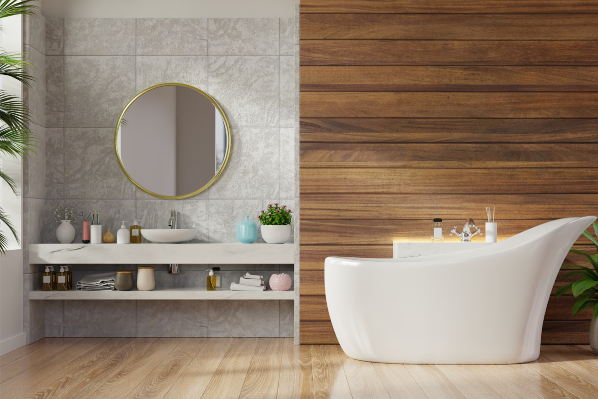 Um banheiro  moderno com parede de madeira, banheira e espelho redondo