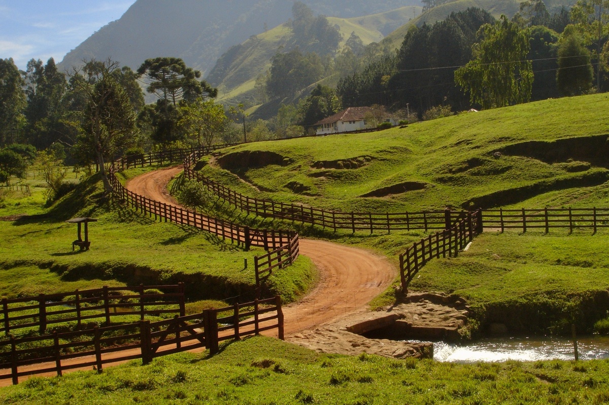 Estrada com a natureza ao redor e mais a frente uma casa na região de Minas Gerais