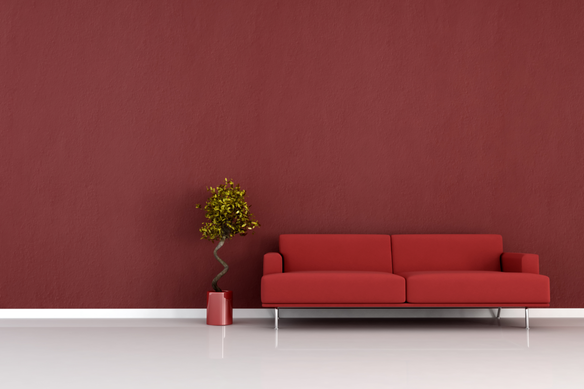 Uma sala com paredes vermelhas, um sofá também vermelho e um vaso vermelho com uma planta