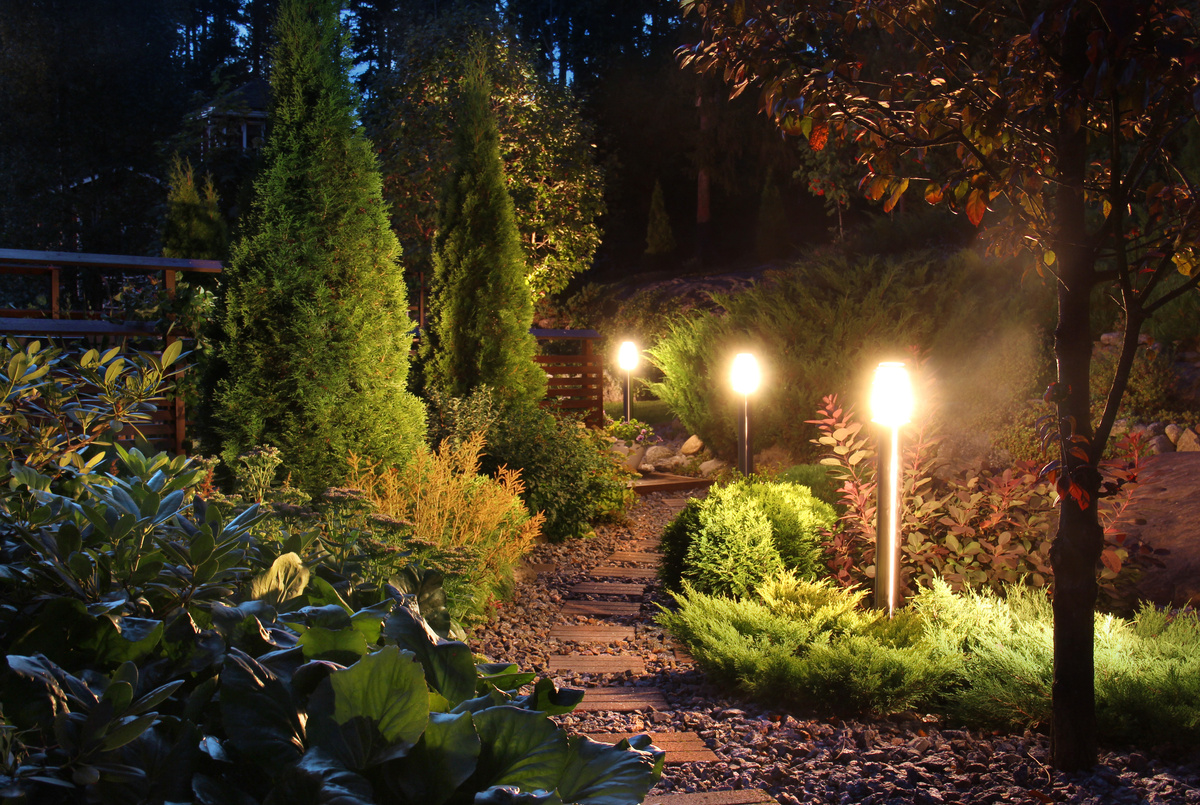 Um jardim com iluminação 
