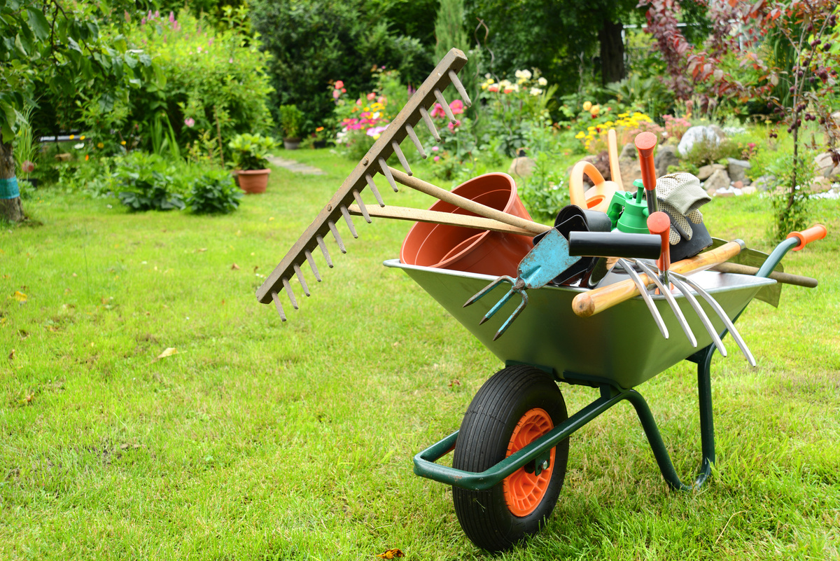 Ferramentas de jardinagem em um carrinho de mão