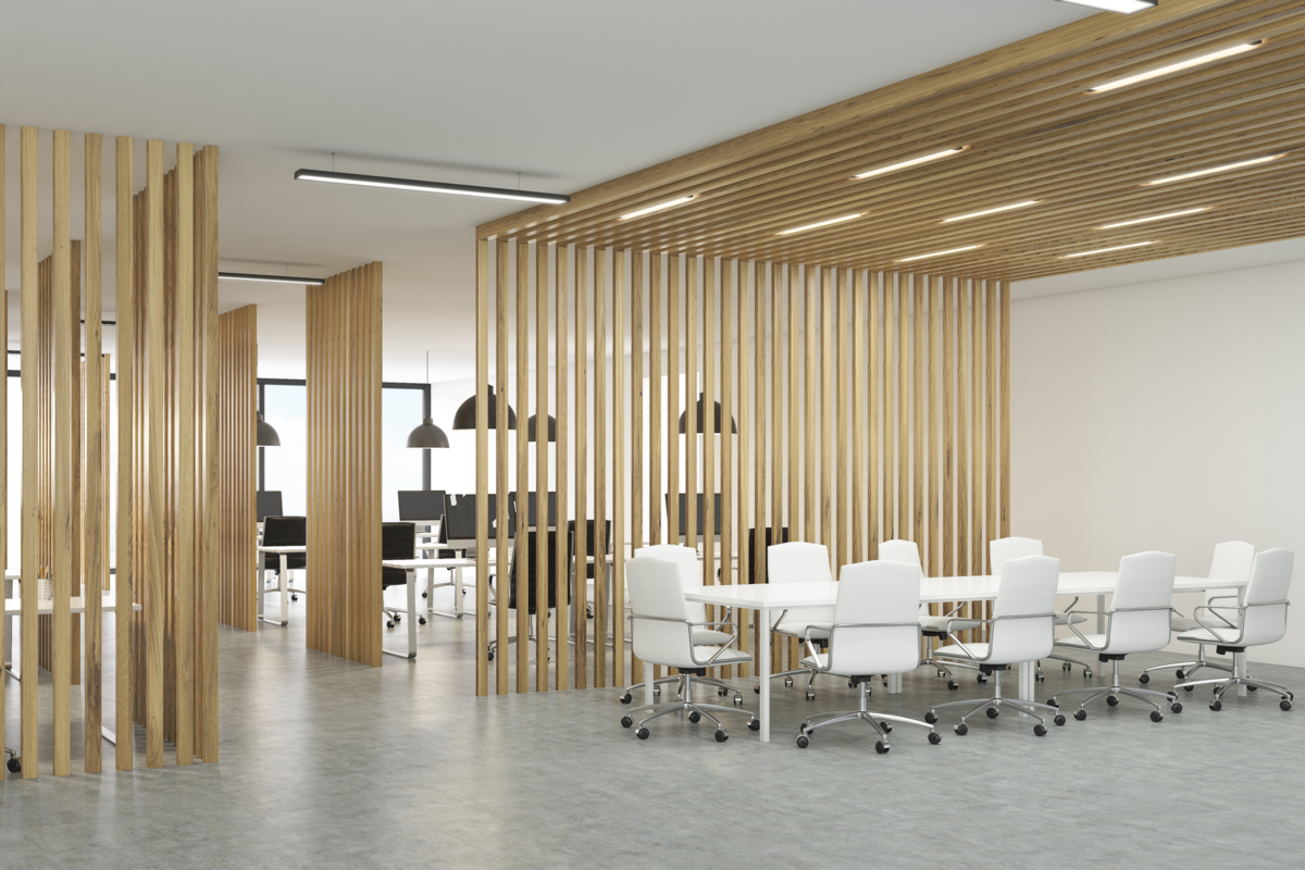 Um enorme escritório com divisórias de madeira