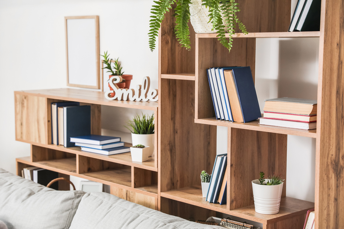 Uma estante na sala com livros e plantas