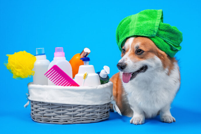 Cachorro pequeno enrolado em toalhas com produtos para pelos ao lado
