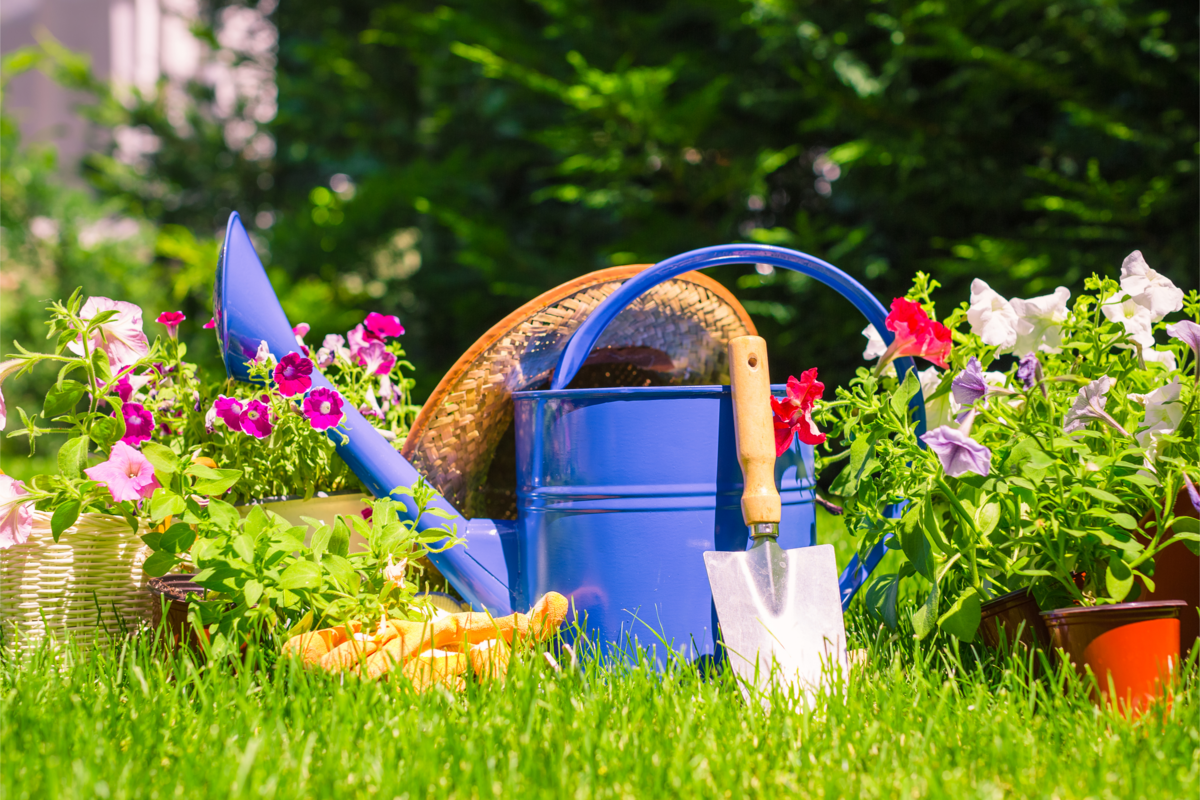 Ferramentas de jardinagem em um jardim