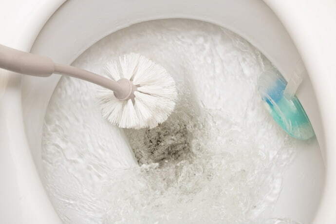 A escova limpa um vaso sanitário branco de perto