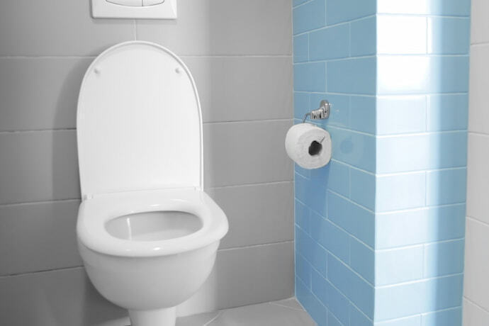 Banheiro com privada e parede branca e azul