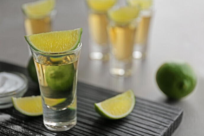 Tequila com fatias de limão e sal na tábua de madeira.