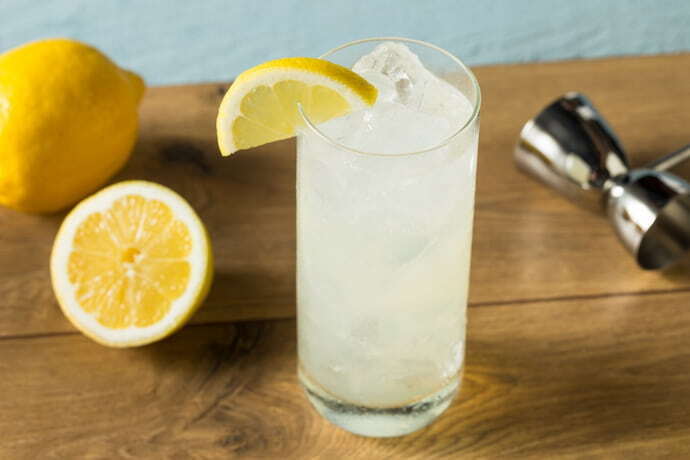 Um copo transparente com gin e limão ao redor 