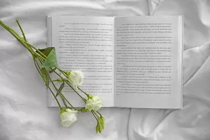 Livro aberto com rosas na página 