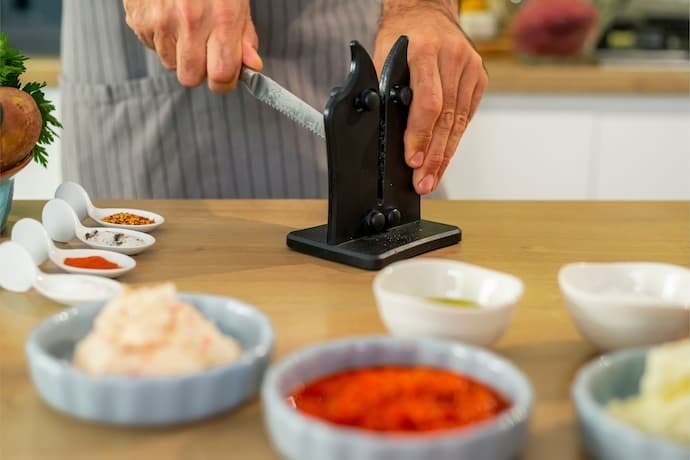 Pessoa na cozinha utilizando o amolador de facas