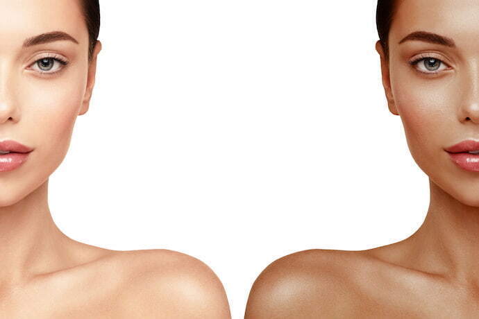 Imagem com duas metades do rosto de uma mulher, uma metade está bronzeado e a outra não